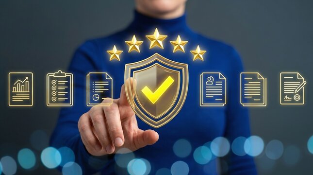 Professional touching digital security shield with rating stars and documents
