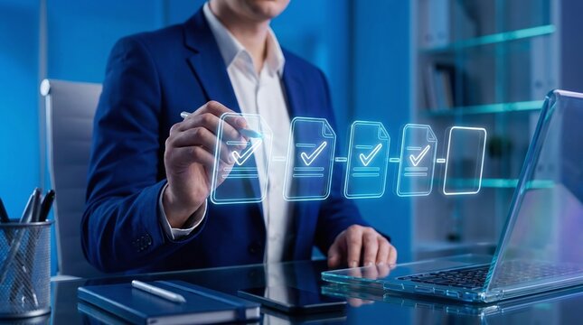 Professional Using Digital Documents With Checkmarks On Laptop Screen