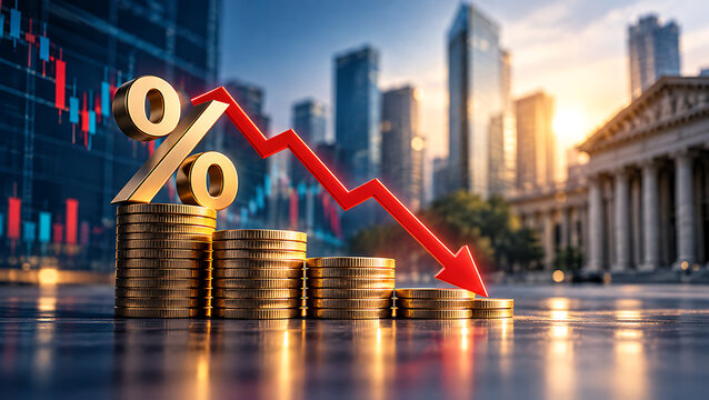 Interest rate decline with percentage symbol, stacked coins and red downward arrow, banking, loan costs, monetary policy and financial market concept.