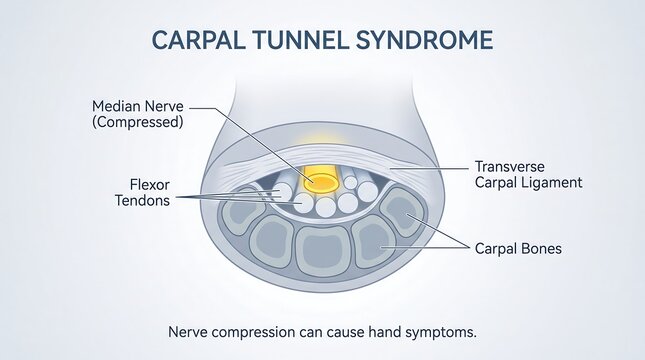 Medical illustration of carpal tunnel syndrome showing median nerve compression and flexor tendons beneath the transverse carpal ligament in human wrist anatomy