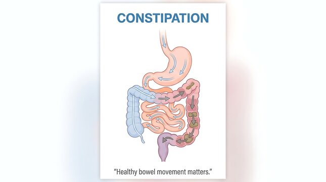 Medical vector diagram showing human digestive system with constipation symptoms and bowel movement flow inside the large intestine and colon anatomy