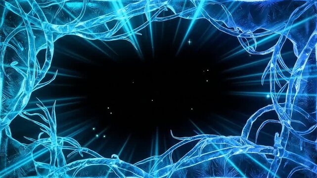 Abstract blue glowing neural fibers forming a frame around a central black void with light rays