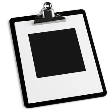 Blank white paper sheet on black office clipboard. Empty document template with large black square for photo text. Mockup page for business memo, checklist, message on desk. Minimalist stationery
