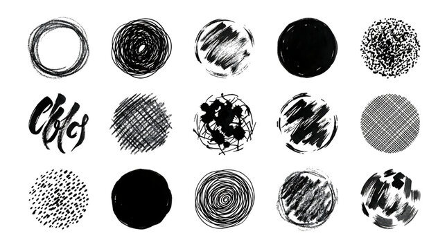 Set of hand drawn black ink circles and scribble shapes
