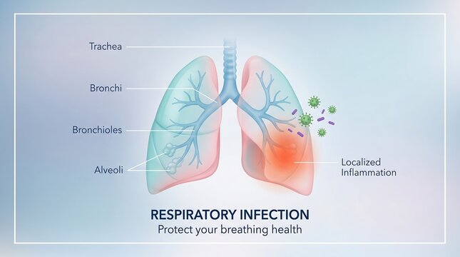 Medical vector infographic of respiratory infection showing trachea bronchi bronchioles and alveoli anatomy with localized inflammation and virus bacteria