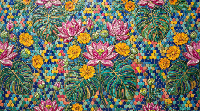 Tropical floral mosaic pattern with lotus flowers and monstera leaves on a colorful hexagonal tile