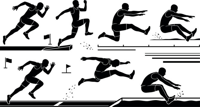 Silhouette of a runner completing a hurdle race depicted in a black and white vector style