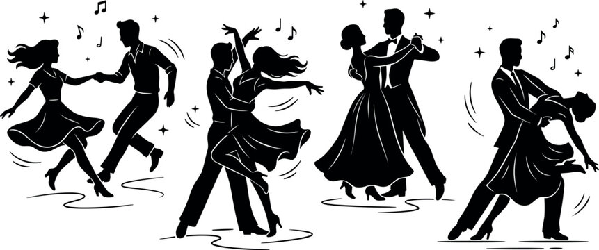 Silhouettes of ballroom dancers performing various poses against a white background dancing figure forms couple