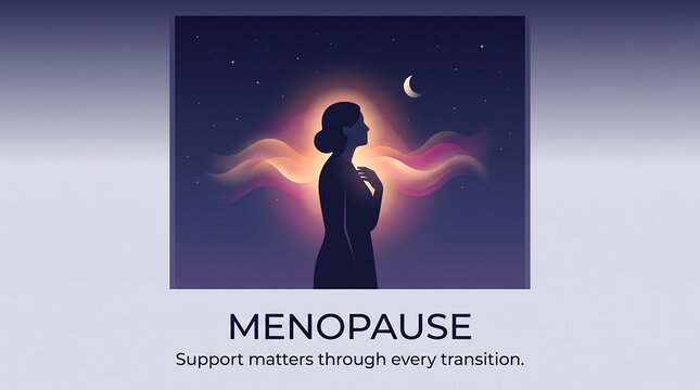 Conceptual vector illustration of woman silhouette experiencing menopause transition with glowing aura and starry night sky background