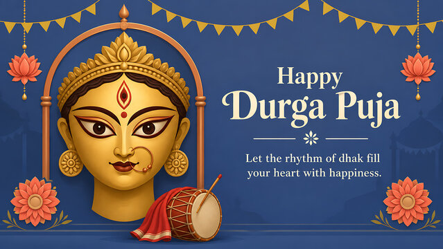 Festive durga puja celebration banner with goddess face traditional dhak floral ornaments blue background honoring navratri hindu music worship culture and tradition