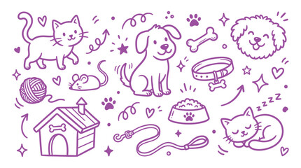 Fototapeta premium Hand drawn doodle set of pet supplies and animals including a cat, dog, puppy, mouse, yarn ball, food bowl, collar, leash and house