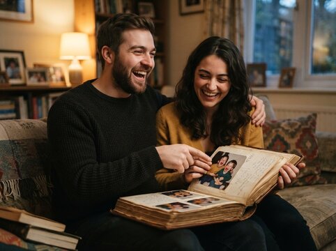 Brother and sister sitting together and viewing photos on a device during festival