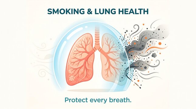 Smoking and lung health medical vector illustration showing respiratory system protected inside a glass dome against toxic smoke pollution