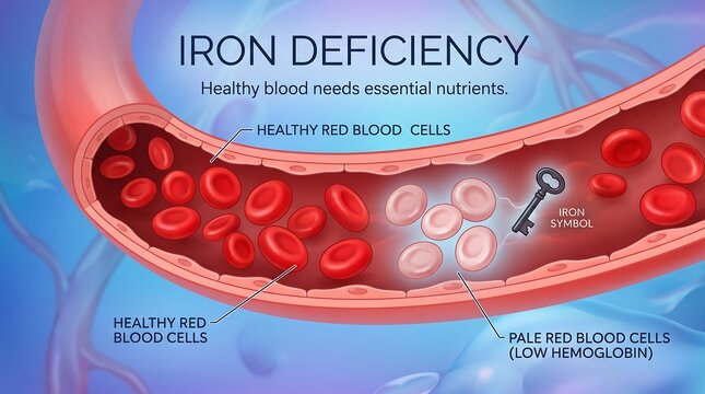 Iron deficiency anemia blood vessel cross section vector diagram comparing healthy red blood cells with pale low hemoglobin cells
