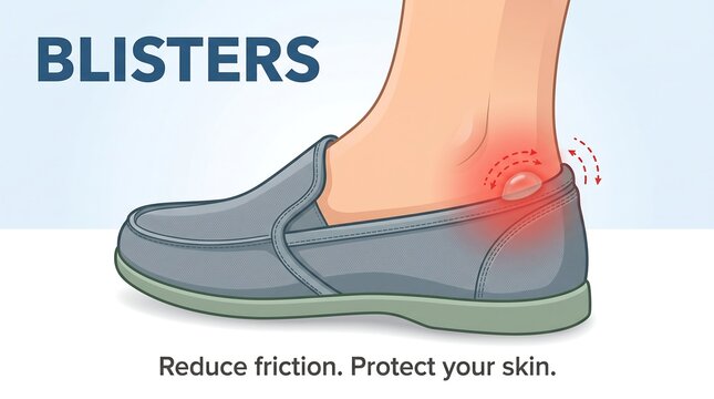 Blisters foot friction medical vector illustration showing painful fluid filled skin bubble on ankle caused by ill fitting casual shoes