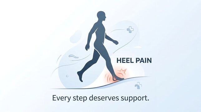 Heel pain medical infographic depicting walking silhouette with highlighted foot injury and support message
