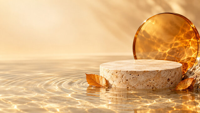 Travertine product podium with amber glass, autumn leaves and water ripples