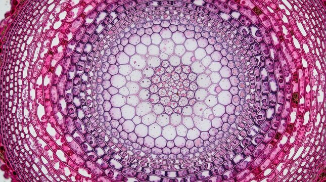 Microscopic view of plant stem cells. Pink, purple cellular structure shows complex biological network. Detailed botanical tissue pattern organic growth, natural cell division under microscope.