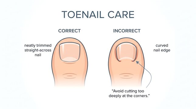 Toenail care medical infographic comparing correct straight across trim versus incorrect curved nail edge