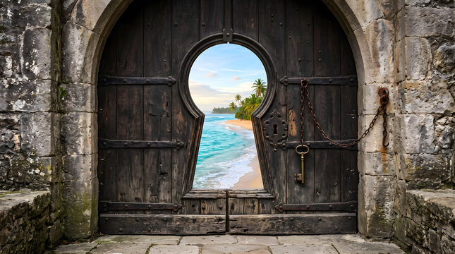 Old wooden door opening to tropical beach paradise