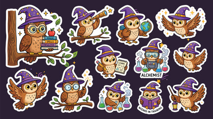 Obraz premium Magical wizard owl stickers set with cute characters learning spells, reading books, doing alchemy, and flying with wands