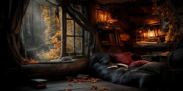 The interior of a cozy old wooden hut