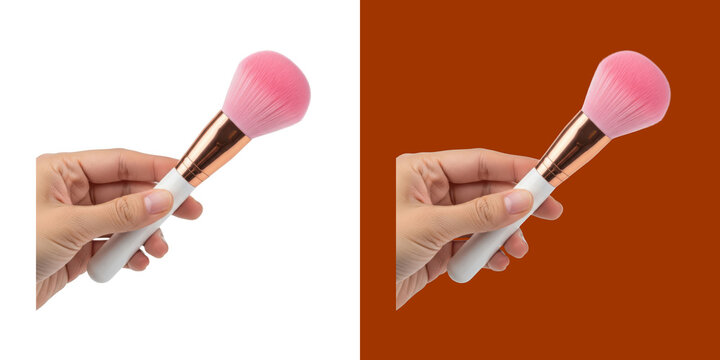 A hand holding a fluffy pink makeup brush for cosmetics application tools transparent background, png