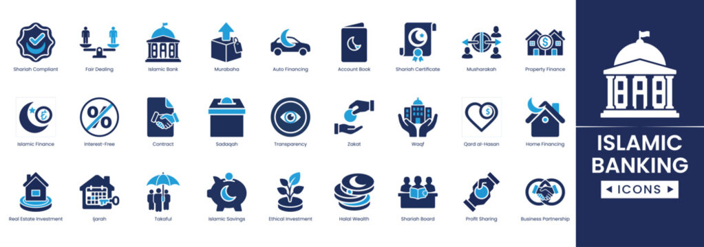 Set of islamic banking icons featuring financial services, sharia compliance, investment, and banking concepts in a modern flat design, 4k animated stock video