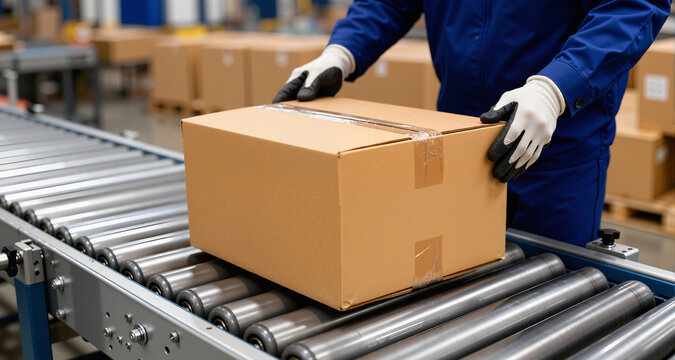 Close up of a worker wearing gloves moving a cardboard box on a roller conveyor belt.
