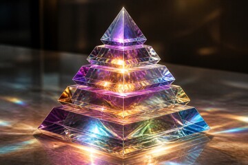 Obraz premium Glass pyramid prism refracting multicolored light on surface