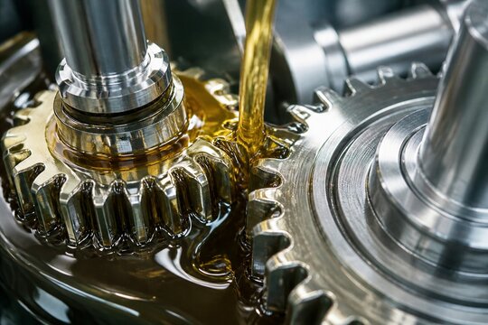 Metal gears lubricated with oil in industrial machinery closeup