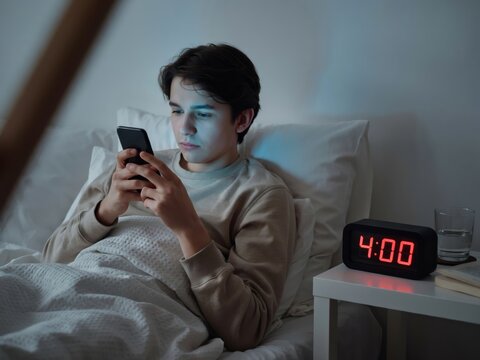 Teenager lying in bed late at night using smartphone, illuminated by screen light