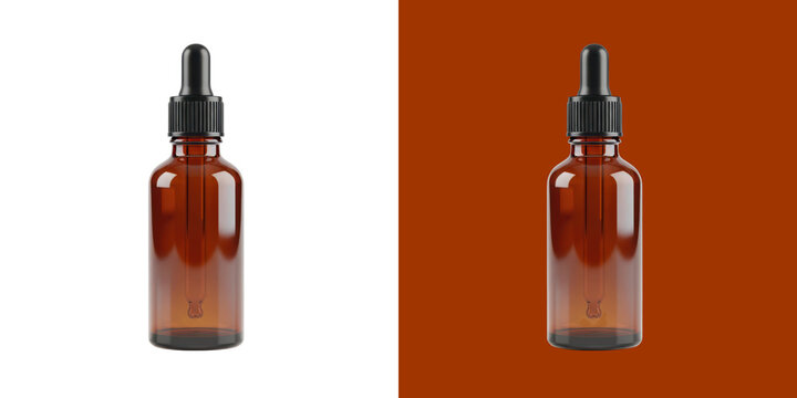 Brown glass dropper bottle for essential oil or medicine serum 3D render transparent background, png