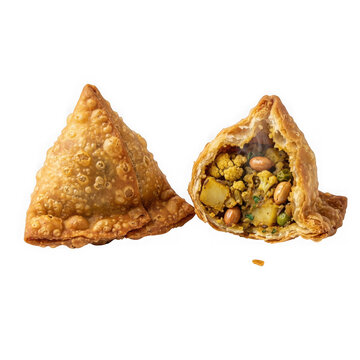 Crispy indian samosa and half with filling isolated on transparent background