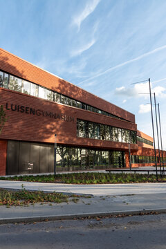 Reopening of Luisengymnasium in Dusseldorf, North Rhine Westphalia shows modern school building for state of the art education equipment for students, pupils and teachers. New location education build