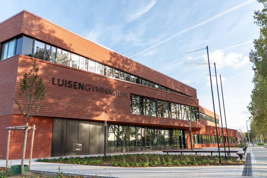 Reopening of Luisengymnasium in Dusseldorf, North Rhine Westphalia shows modern school building for state of the art education equipment for students, pupils and teachers. New location education build