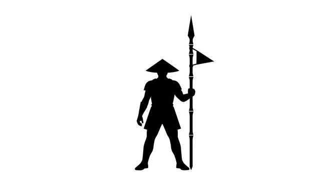Ancient asian warrior silhouette standing with a spear