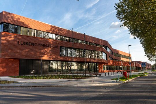 Reopening of Luisengymnasium in Dusseldorf, North Rhine Westphalia shows modern school building for state of the art education equipment for students, pupils and teachers. New location education build