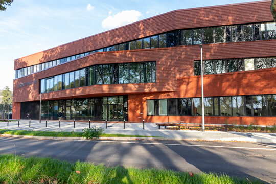 Reopening of Luisengymnasium in Dusseldorf, North Rhine Westphalia shows modern school building for state of the art education equipment for students, pupils and teachers. New location education build