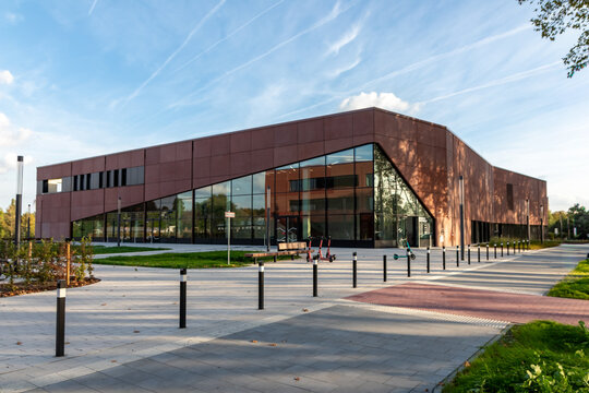 Reopening of Luisengymnasium in Dusseldorf, North Rhine Westphalia shows modern school building for state of the art education equipment for students, pupils and teachers. New location education build