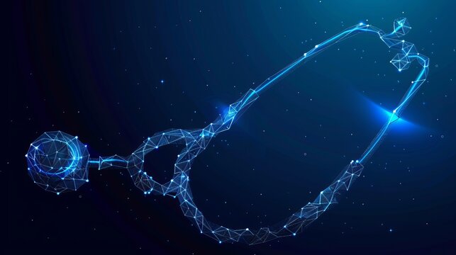Abstract blue stethoscope wireframe design featuring dots and polygons for medical themed visuals