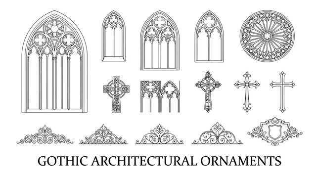 Very beautiful flat vector collection of Gothic cathedral windows, medieval tracery, wrought iron crosses, Victorian flourishes and ornamental frames, centered label below illustration: "GOTHIC ARCHIT