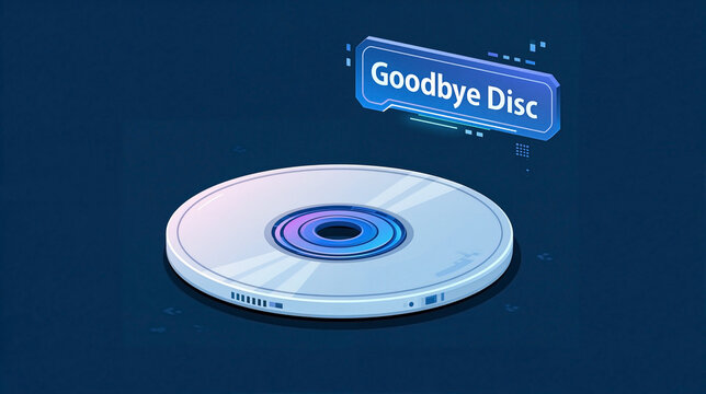 Generic optical game disc paired with a goodbye disc banner, reflecting the gaming industry transition from physical to digital media