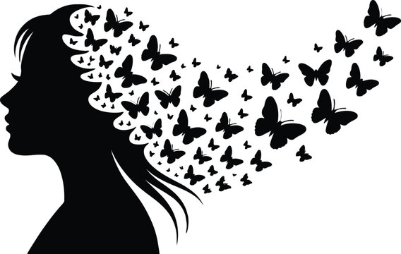 Silhouette profile of a woman head with butterflies flying out female profile butterfly swarm thought process woman face black and white background mental health