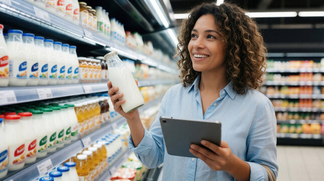 Smiling young woman chooses milk bottle in grocery store. Female customer uses digital tablet for product comparison in supermarket dairy aisle. Healthy lifestyle consumer checks nutrition info