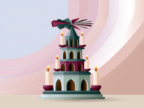 Traditional german christmas pyramid with wooden tiers and glowing candles, representing festive weihnachtspyramide holiday decoration