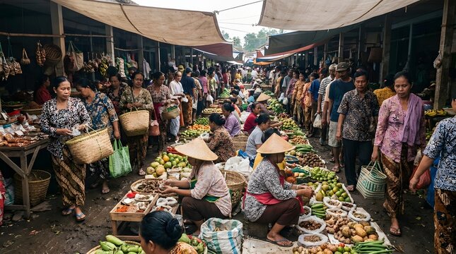 People shopping for fresh produce at a crowded traditional market