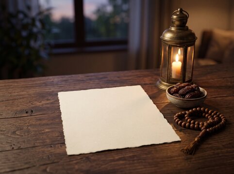 Blank Parchment Paper on Wooden Table with Vintage Lantern Dates and Prayer Beads