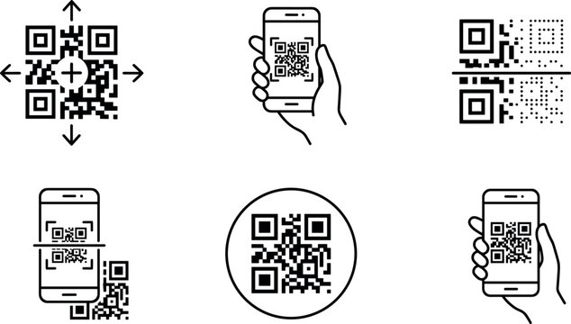 QR Code Scanner and Mobile Barcode Reader Line Icon Set for Digital Payment and Verification