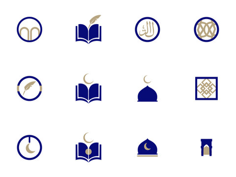 Set of Islamic icons featuring mosque domes and quran symbols for design